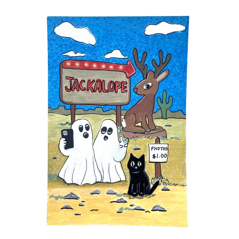 ACEO Original Painting Ghosts Black Cat Jackalope 4x6 Watercolor Cryptid Art
